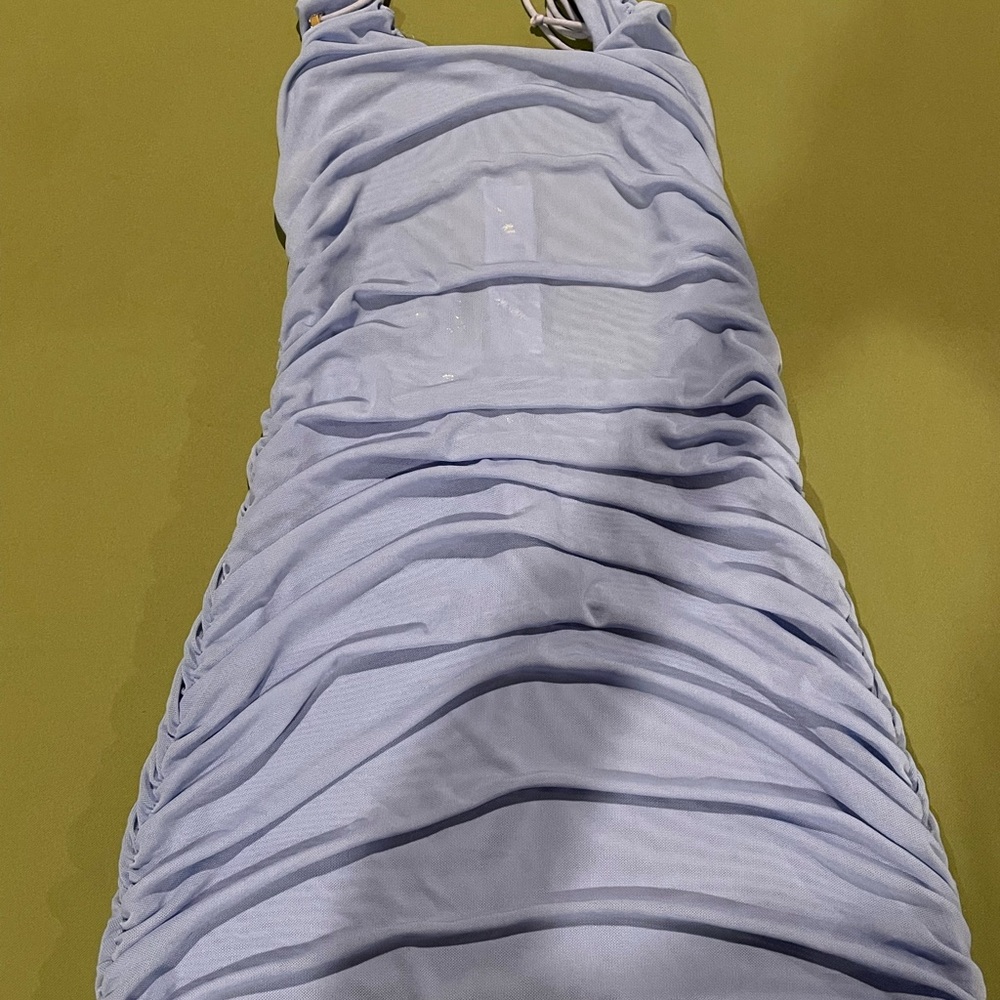 Meshki Light Blue Ruched Mini Dress